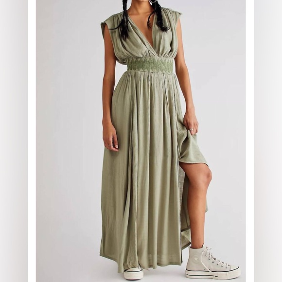 Free People Dresses & Skirts - Free People Devon Embroidered High Slit Faux Wrap Goddess Drapey Maxi Dress